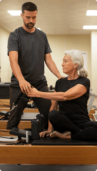 Trainer working with client on strength